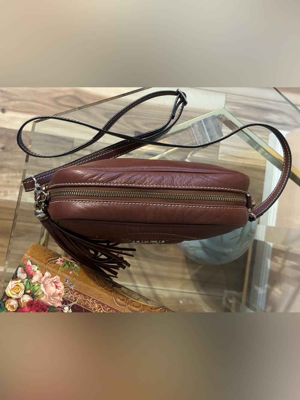 Mario Valentino Cognac Leather Quilted V Crossbody Bag with Fringe Tassel - Picture 6 of 14